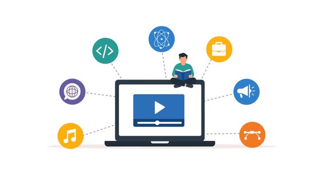 Online Learning Video Content On Laptop With Student And Education Icons Flat Design Animation. Education, E-Learning, and Digital Training Concept