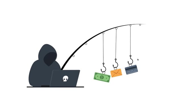 Hacker Using Phishing Hooks To Steal Email, Money And Credit Card Data Flat Design Animation Concept. Cyber Attack, Online crime, and  Financial Fraud