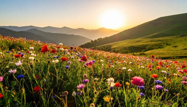 A Vibrant Wildflower Meadow Bathed in Golden Sunrise Light Across Rolling Hills and Mountains