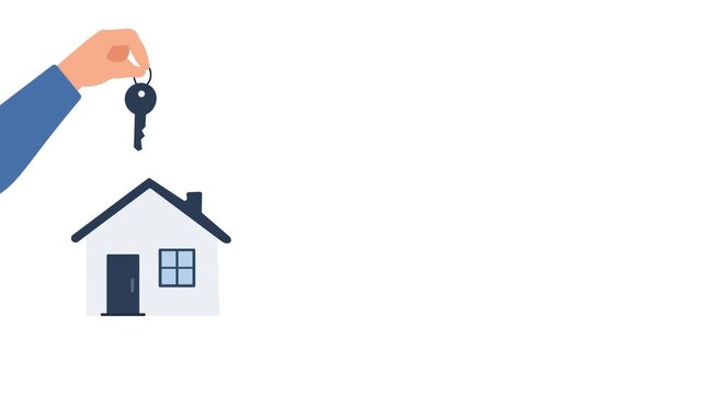Hand Holding House Key Above Home Flat Design Animation. Real Estate Property Purchase Concept
Ownership, Mortgage, Rental,And New Home Concepts With Copy Space.