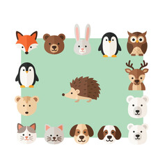 Fototapeta premium Cute Animal Faces Collection: Fox, Bear, Rabbit, Penguin, Owl, Deer, Hedgehog, Dog, Cat