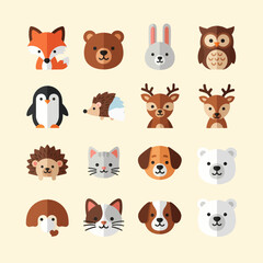 Fototapeta premium Cute Animal Faces Icons Set: Fox, Bear, Rabbit, Owl, Penguin, Hedgehog, Deer, Dog