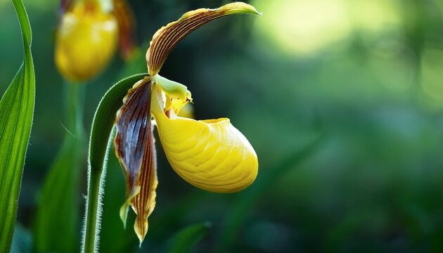 Orchid Yellow Ladyas Slipper Cypripedum Calceolus In Nature