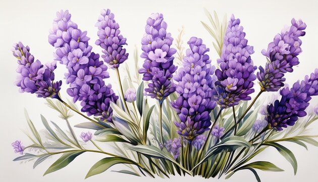 Blooming Lavender Flowers Isolated On A White Background Vintage Painting Style Illustration