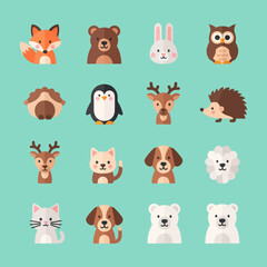 Fototapeta premium Cute Animal Icons Collection: Fox, Bear, Rabbit, Owl, Penguin, Deer, Dog, Cat