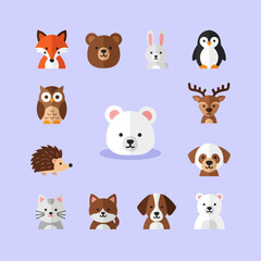 Naklejka premium Cute Animal Icons Collection: Fox, Bear, Rabbit, Penguin, Owl, Deer, Hedgehog, Dog, Cat