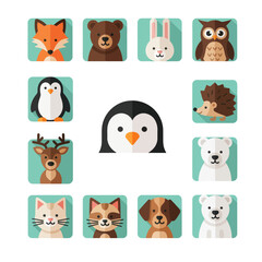 Obraz premium Cute Animal Icons Collection: Fox, Bear, Rabbit, Owl, Penguin, Hedgehog, Deer, Polar Bear, Cats, Dog