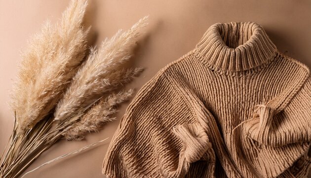 Beige Pampas Grass Warm Knit Fabric On Craft Paper Background Knit Fabric Minimal Texture