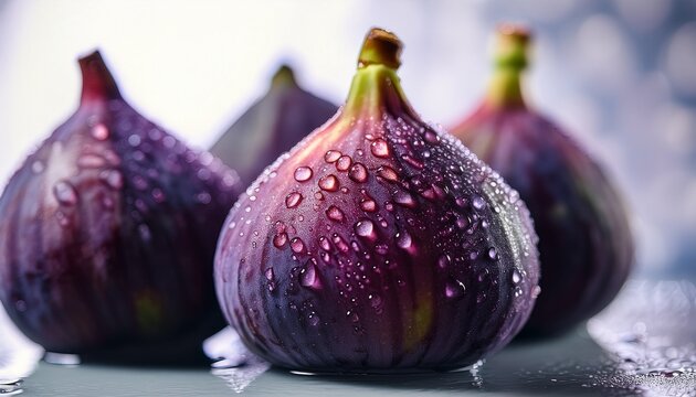 Closeup Of Fresh Figs With Deep Purple Skin Covered In Tiny Water Droplets Un Primer Plano De Higos Frescos Con La Piel De Color Purpura Intenso Cubierta De Diminutas Gotas De Agua Incir
