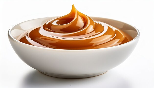 Creamy Caramel Sauce In White Bowl Isolated On White Background