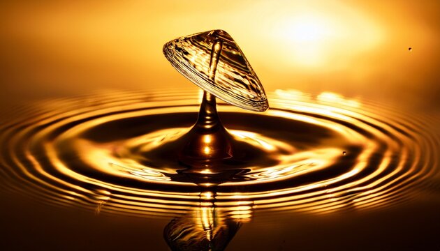 Macro Shot Of Golden Water Droplet With Reflection