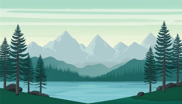 Mountain Landscape Illustration With Lake And Pine Forest