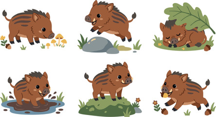 Cute wild boar cartoon character vector illustration set featuring baby piglet running jumping sleeping playing in mud sticker designs. © Rukhsana