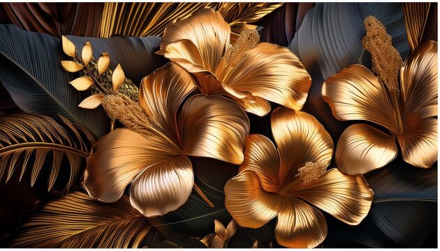 Golden Tropical Flowers Foliage
