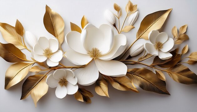 Elegant Floral Arrangement Featuring White Magnolia Blossoms And Golden Branches