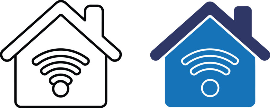 Smart home WiFi network icons in line and solid styles for connected devices, automation, and interface design