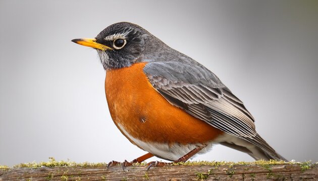 Isolated American Robin Bird Perched And Looking Right Orange Breast And Gray Back Feathers
