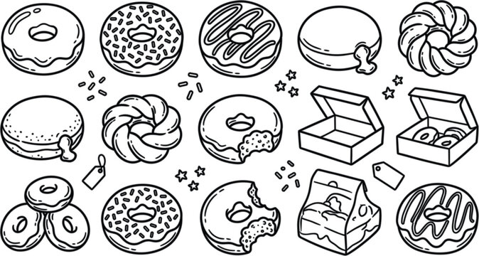 Donut vector icon set featuring hand drawn line art elements glazed sprinkle bitten cruller boxes and sweet bakery.