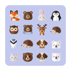 Fototapeta premium Cute Animal Icons Set: Fox, Bear, Rabbit, Penguin, Owl, Deer, Hedgehog, Dog, Polar Bear, Cat