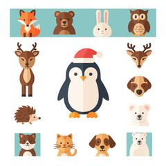 Naklejka premium Cute Animal Icons Set: Penguin, Fox, Bear, Deer, Owl, Rabbit, Dog, Cat, Hedgehog