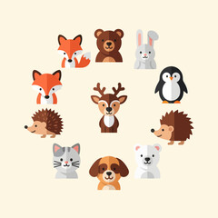 Fototapeta premium Cute Animals Circle Illustration Flat Design