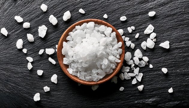 Coarse Salt Crystals On Dark Slate Top Down