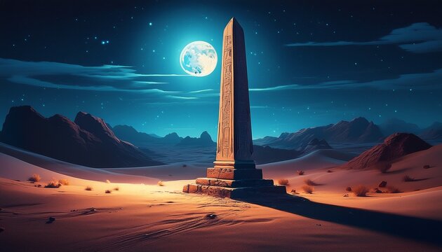 Night In The Desert An Ancient Obelisk Under The Full Moon