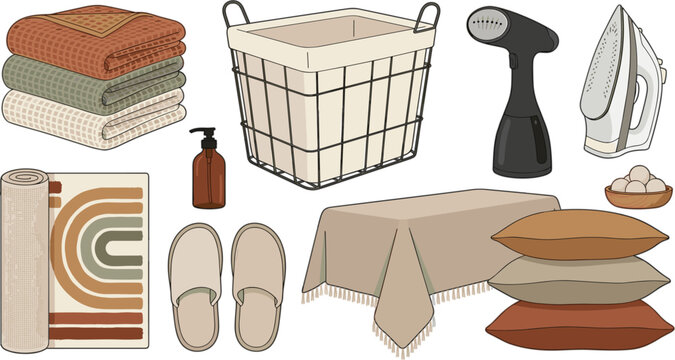 Laundry and home textile vector icon set featuring towels basket steamer iron rug slippers tablecloth pillows and detergent.