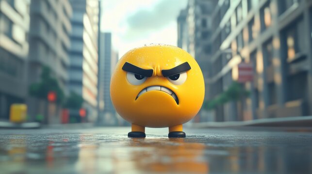 Angry emoticon standing on a rain-slick city street.