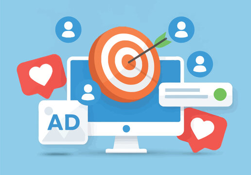 Digital advertising and marketing concept with target at center of computer screen surrounded by social media icons and user profiles.
