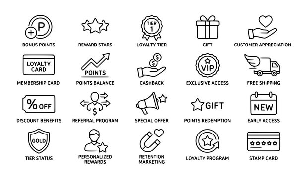 Premium loyalty program vector icons with reward points and discount star elements