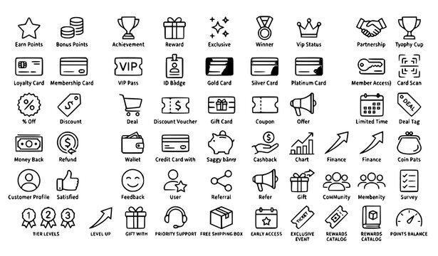 Loyalty program line icon set with bonus points reward and discount symbols