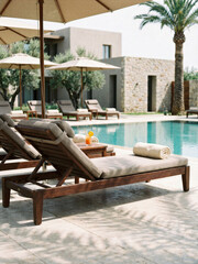 Fototapeta premium Lounge chairs by a swimming pool with umbrellas and palm trees