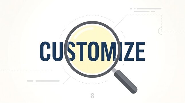 Customize word under magnifying glass, personalized service concept with loupe, digital customization and search optimization graphic on white background