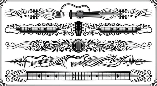 Set of musical dividers with guitars, fretboards and decorative elements for page breaks and text separation, vector illustration isolated on white background transparent background