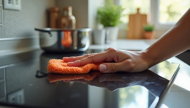 Kitchen cleaning with hand using orange sponge on countertop while cookware is in background. Kitchen cleaning activity emphasizes hygiene and organization in home environment.