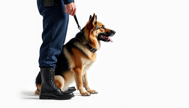 German shepherd with handler standing alert on leash beside uniformed officer. German shepherd exhibits loyal demeanor and readiness while standing alongside handler in professional gear.