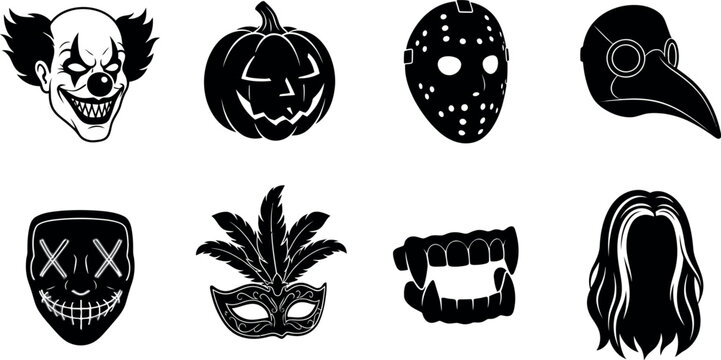 Halloween and horror themed icons including various iconic masks and creepy elements for festivities