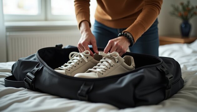 Packing shoes in stylish black duffle bag on bed for travel, careful organization of footwear highlights essential packing strategy. Preparing shoes for upcoming journey or adventure,