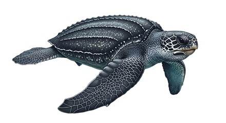 Fototapeta premium Leatherback sea turtle swimming gracefully in clear ocean water during daylight with a clean white background for commercial use