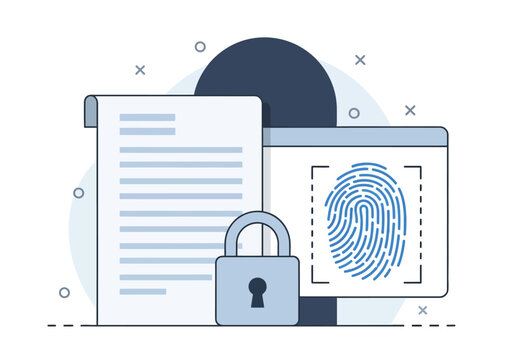 Digital security concept with fingerprint scan padlock and document symbolizing personal data protection privacy and authentication secure access system.