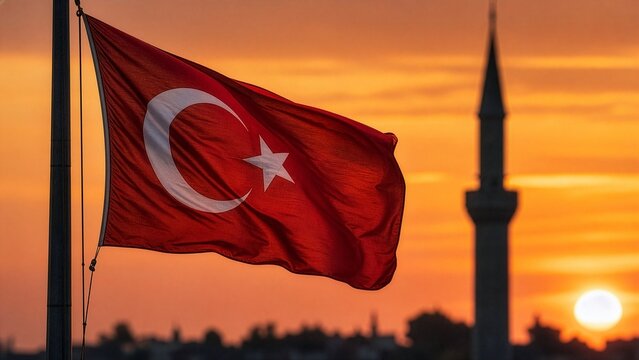 Turkish flag waving against golden sunset sky with silhouetted minaret, concept of Zafer Bayrami national pride