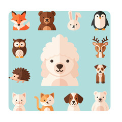 Fototapeta premium Cute Animals Collection: Fox, Bear, Rabbit, Penguin, Owl, Deer, Dog, Hedgehog, Cat, Poodle