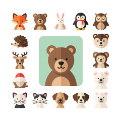 Fototapeta premium Cute cartoon animal avatars collection, flat design