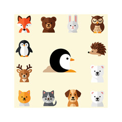 Naklejka premium Cute Cartoon Animal Icons Set: Fox, Bear, Rabbit, Owl, Penguin, Hedgehog, Deer, Polar Bear