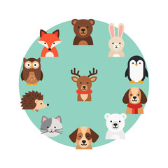 Fototapeta premium Cute Cartoon Animals Circle - Forest and Arctic Wildlife Collection