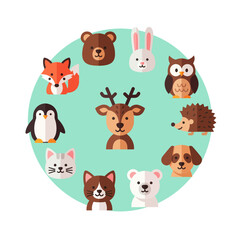 Obraz premium Cute Cartoon Animals Circle Collection: Forest, Arctic, Domestic Wildlife