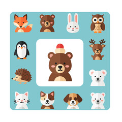 Obraz premium Cute Cartoon Animals Collection: Fox, Bear, Rabbit, Owl, Penguin, Deer, Hedgehog, Dog, Cat