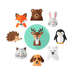 Fototapeta premium Cute Cartoon Animals Collection: Fox, Bear, Rabbit, Penguin, Deer, Dog, Cat, Hedgehog, Polar Bear