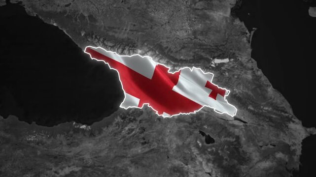 Georgia map silhouette featuring a waving national flag texture with a glowing white border in this animated motion video footage designed for high quality professional presentations